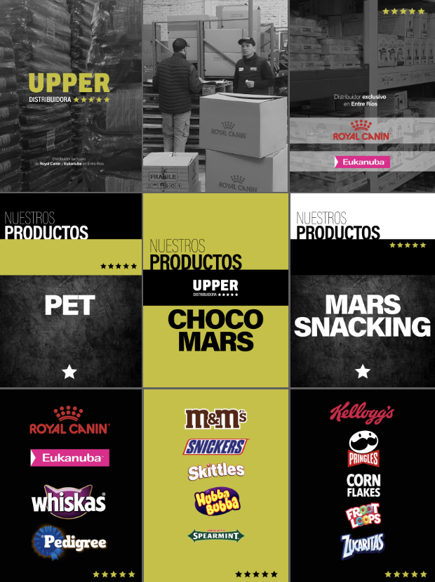 Grilla de posts para las redes sociales de Upper Distribuidora con la identidad en negro y verde