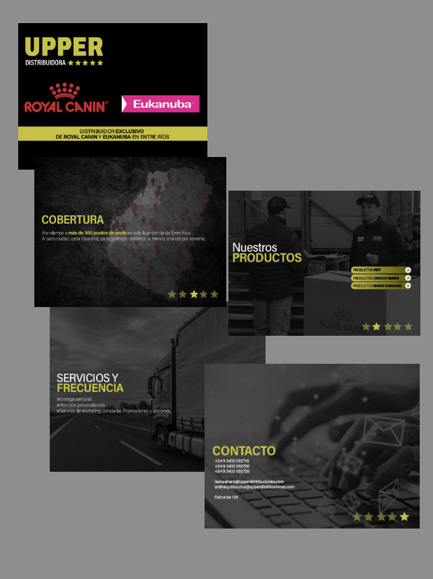 Slides de presentación comercial de Upper Distribuidora con cobertura, servicios y contacto