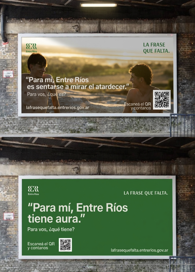 Afiches de vía pública de la campaña La Frase que Falta del Gobierno de Entre Ríos, con QR y sitio web